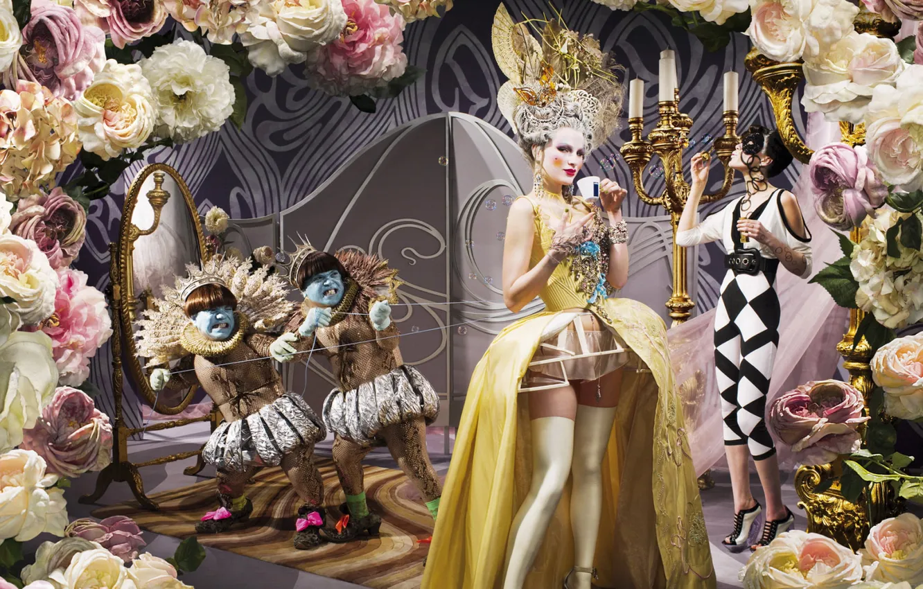 Фото обои цветы, платье, карсет, причёска, принцесса, мода, карлики, кламур
