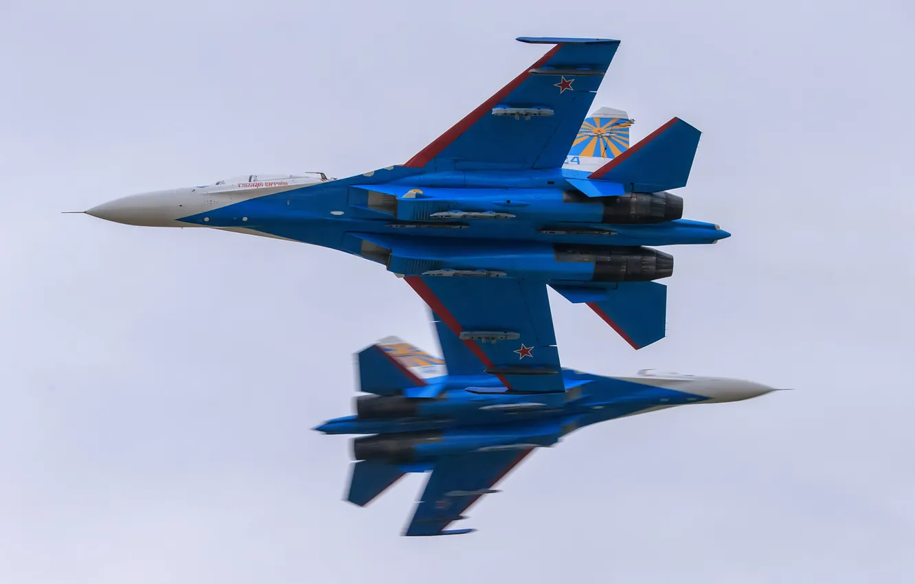 Фото обои истребители, полёт, Су-27, Русские Витязи