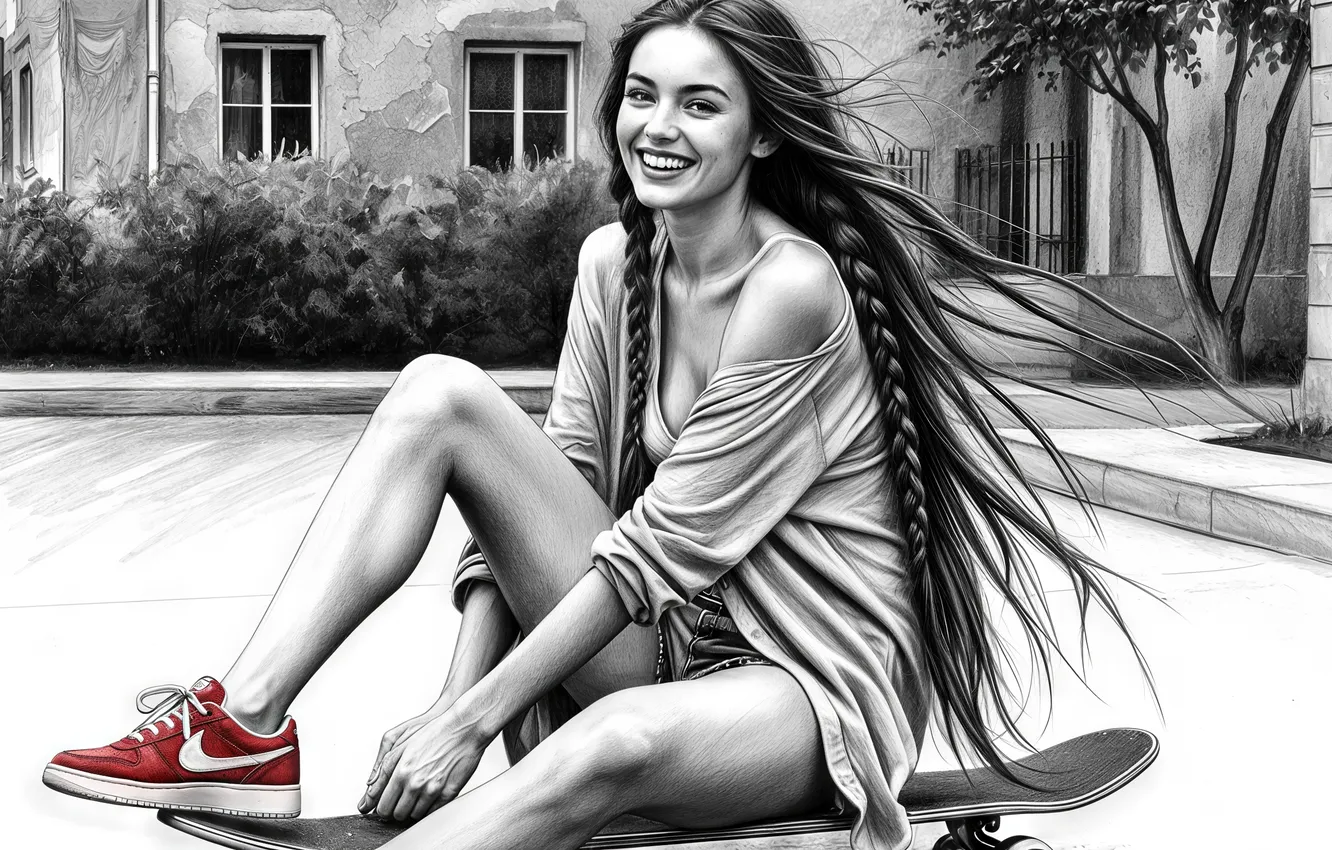 Фото обои girl, beautiful, skateboard, grin