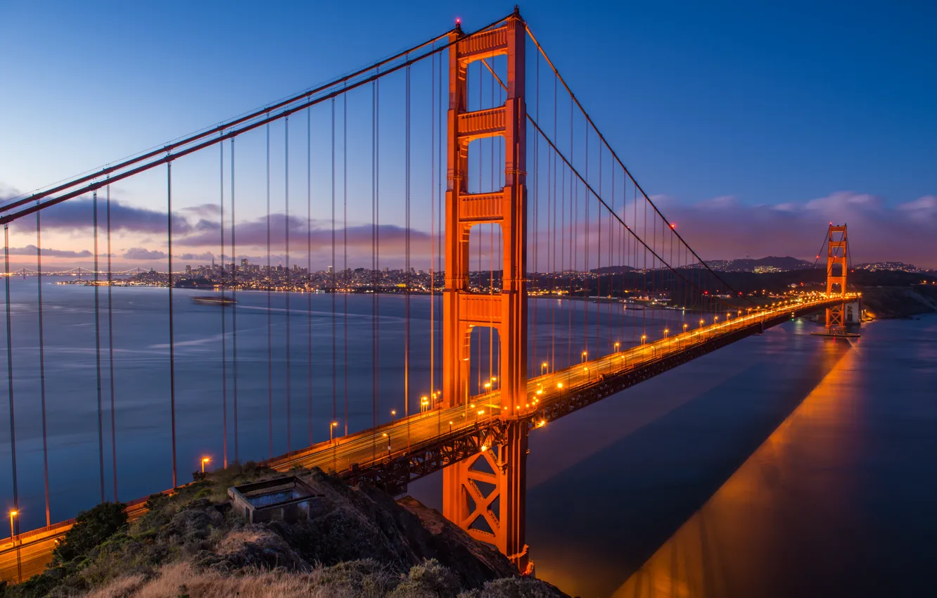Фото обои город, огни, Мост, выдержка, Калифорния, Сан-Франциско, Золотые ворота, USA