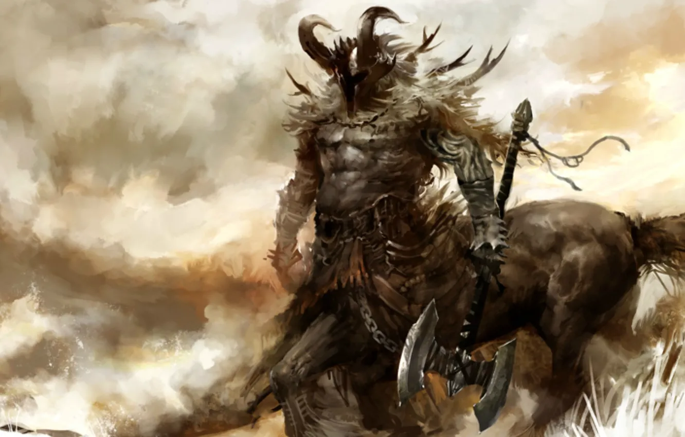 Фото обои оружие, маска, рога, Guild Wars 2, кентавр, мускулы