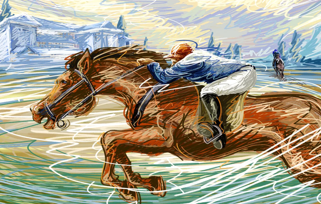 Фото обои лошадь, рисунок, скорость, вектор, жокей, штрих, аллюр, ипподром