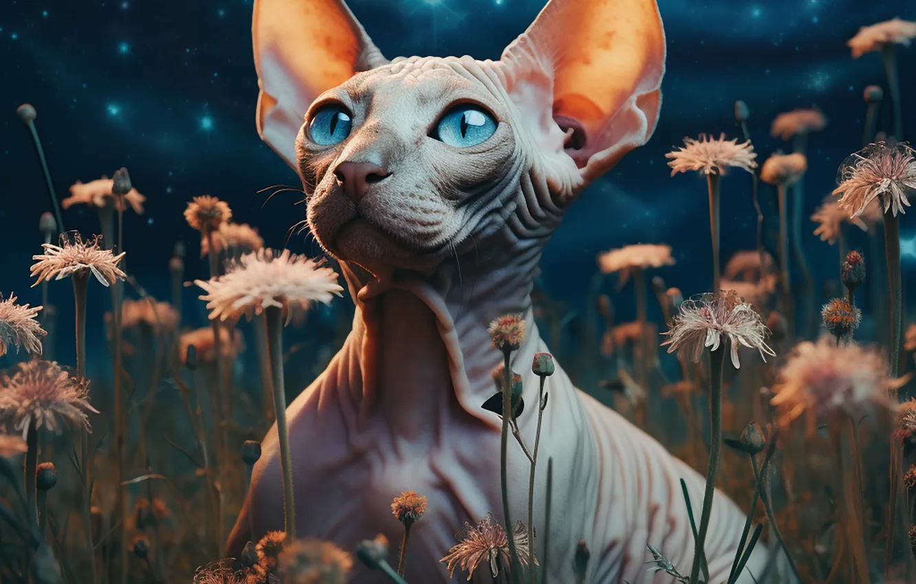 Фото обои Цветы, Вечер, Взгляд, Кошка, Кот, Сфинкс, Цифровое искусство, ИИ-арт
