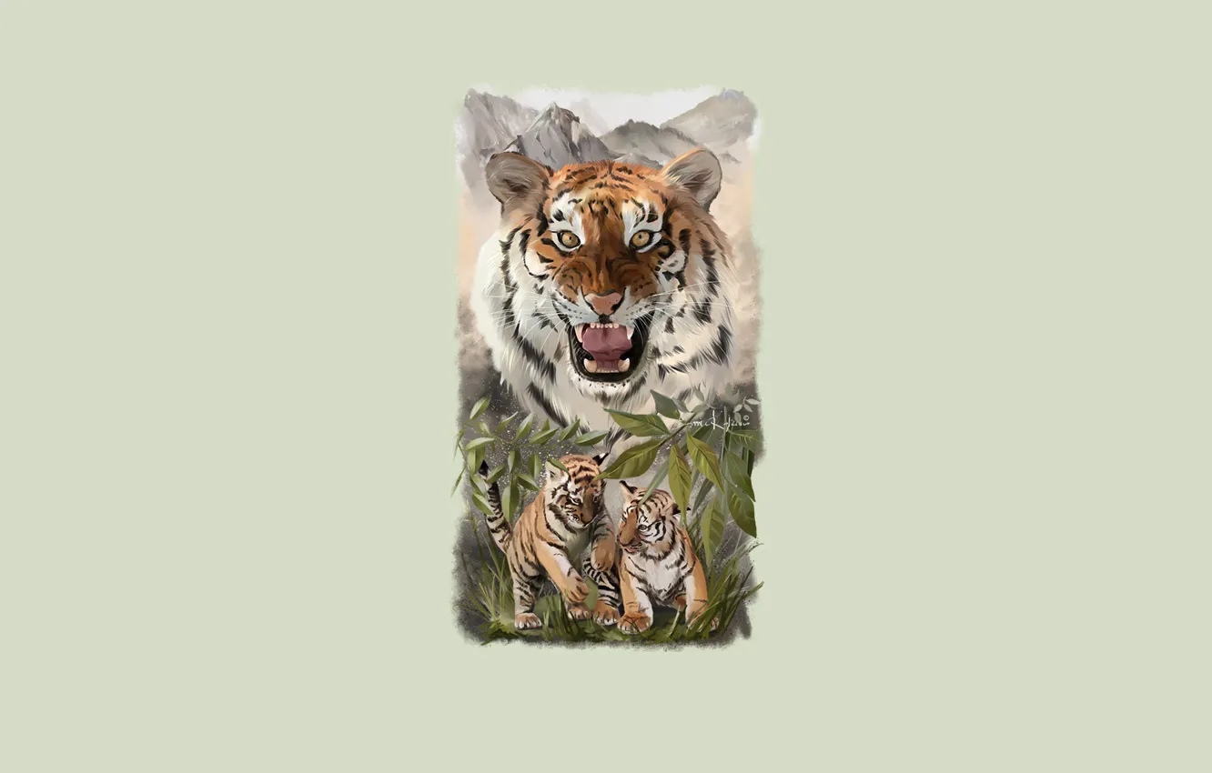 Фото обои природа, игры, тигрица, тигрята