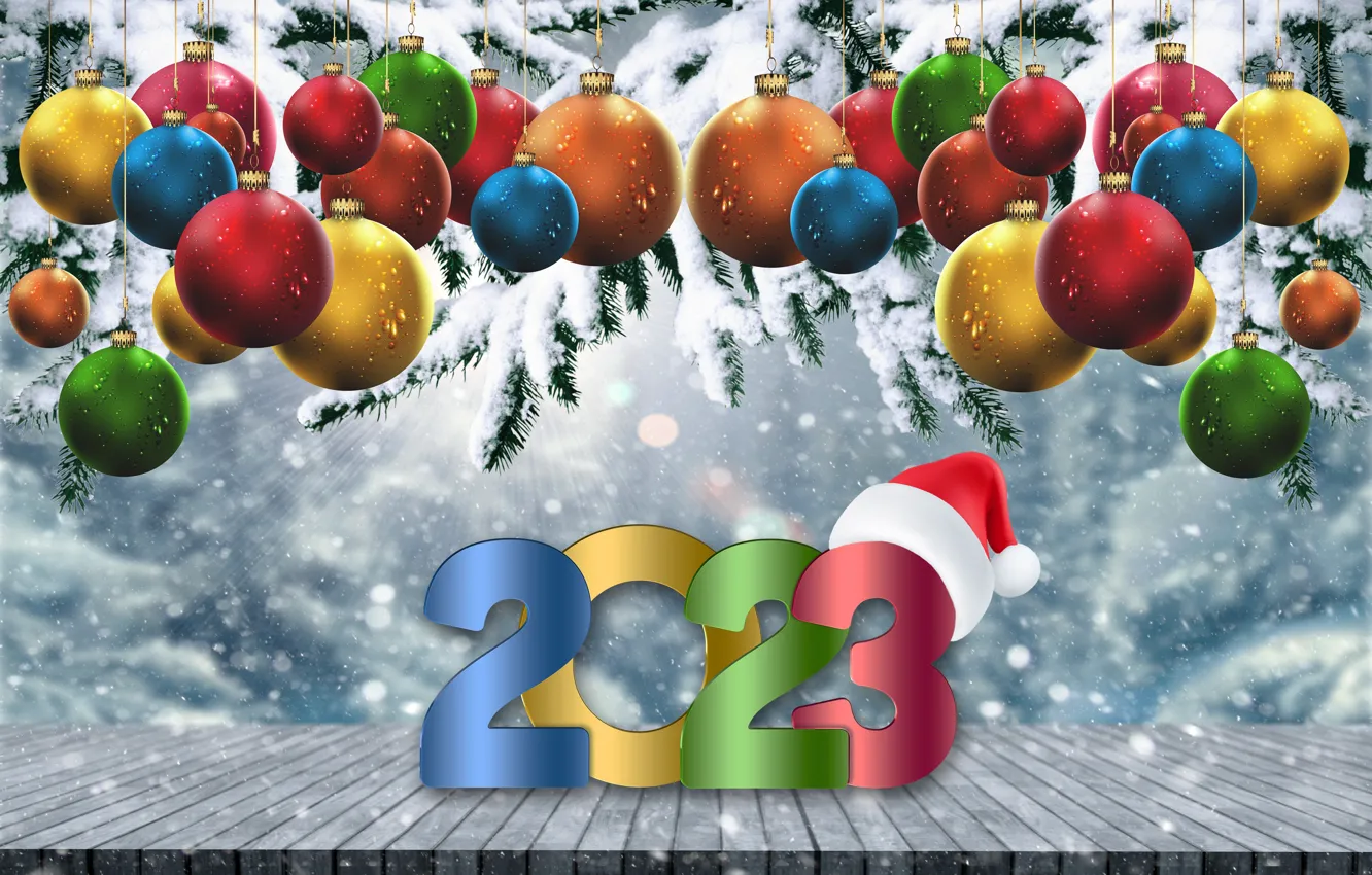 Фото обои зима, снег, снежинки, шары, colorful, Новый Год, цифры, happy