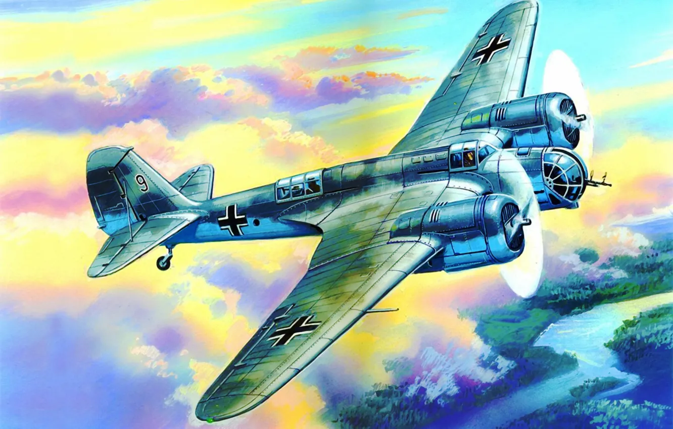 Фото обои war, art, airplane, painting, aviation, ww2, AVIA B 71