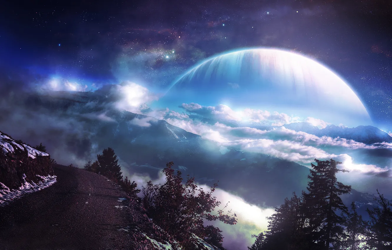 Фото обои пейзаж, горы, фантастика, планета, qauz, daylight from space