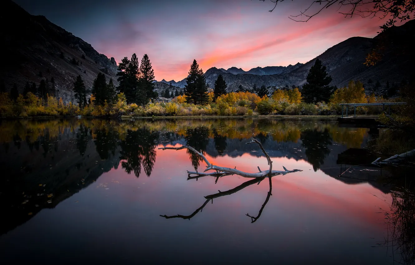 Фото обои закат, горы, озеро