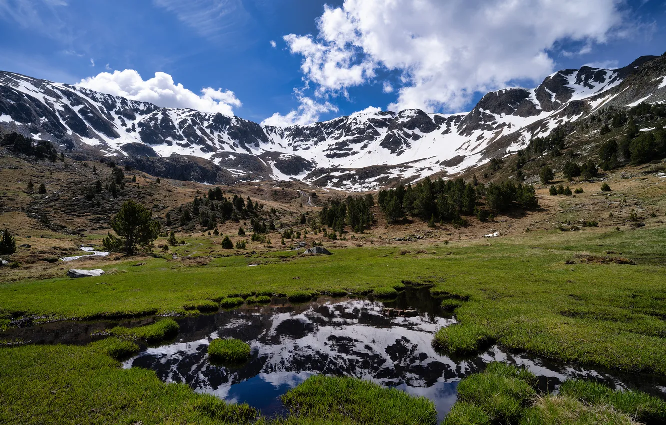 Фото обои Природа, Облака, Горы, Пейзаж, Андорра, Sorteny Valley