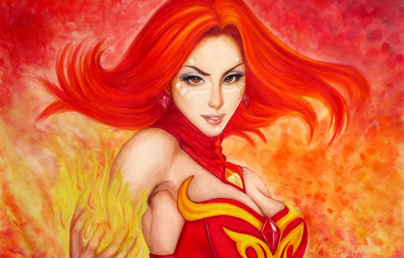 Фото обои девушка, огонь, волосы, арт, убийца, dota 2, lina