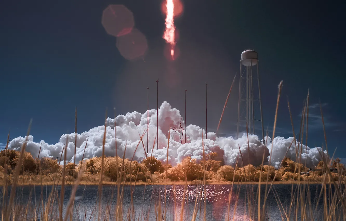 Фото обои небо, трава, космос, полет, ракета