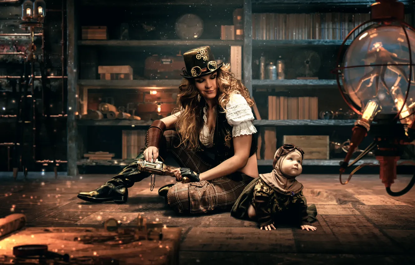 Фото обои девушка, комната, семья, стимпанк, steampunk