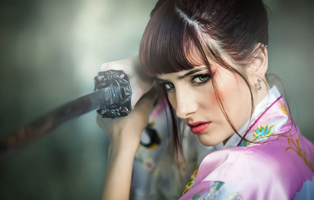 Фото обои меч, Susan Coffey, зеленоглазая, восточный стиль