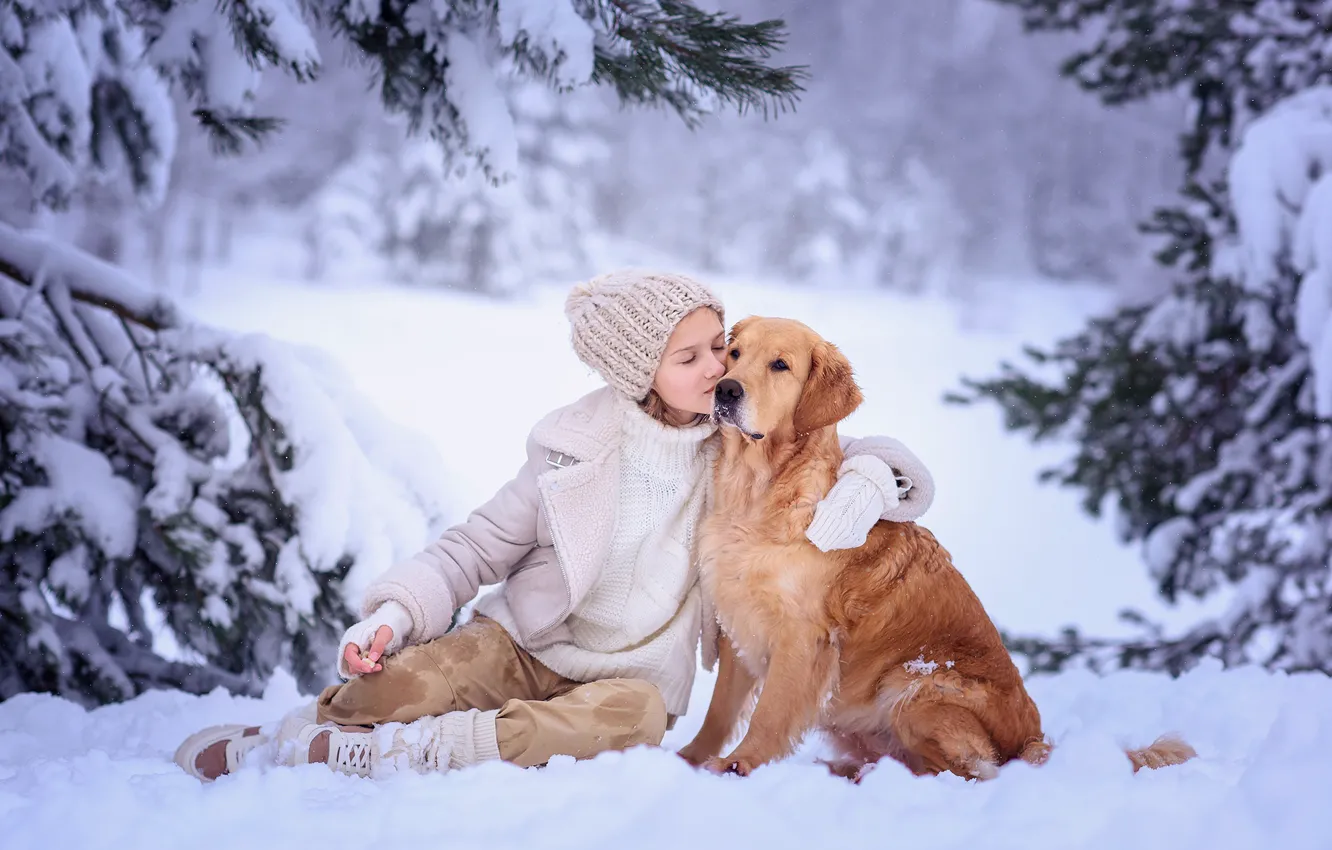Фото обои зима, снег, деревья, природа, друг, поцелуй, собака, ели
