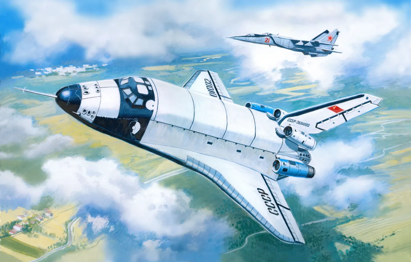 Фото обои авиация, рисунок, корабль, прототип, космический, Буран, советский, МиГ-25пу