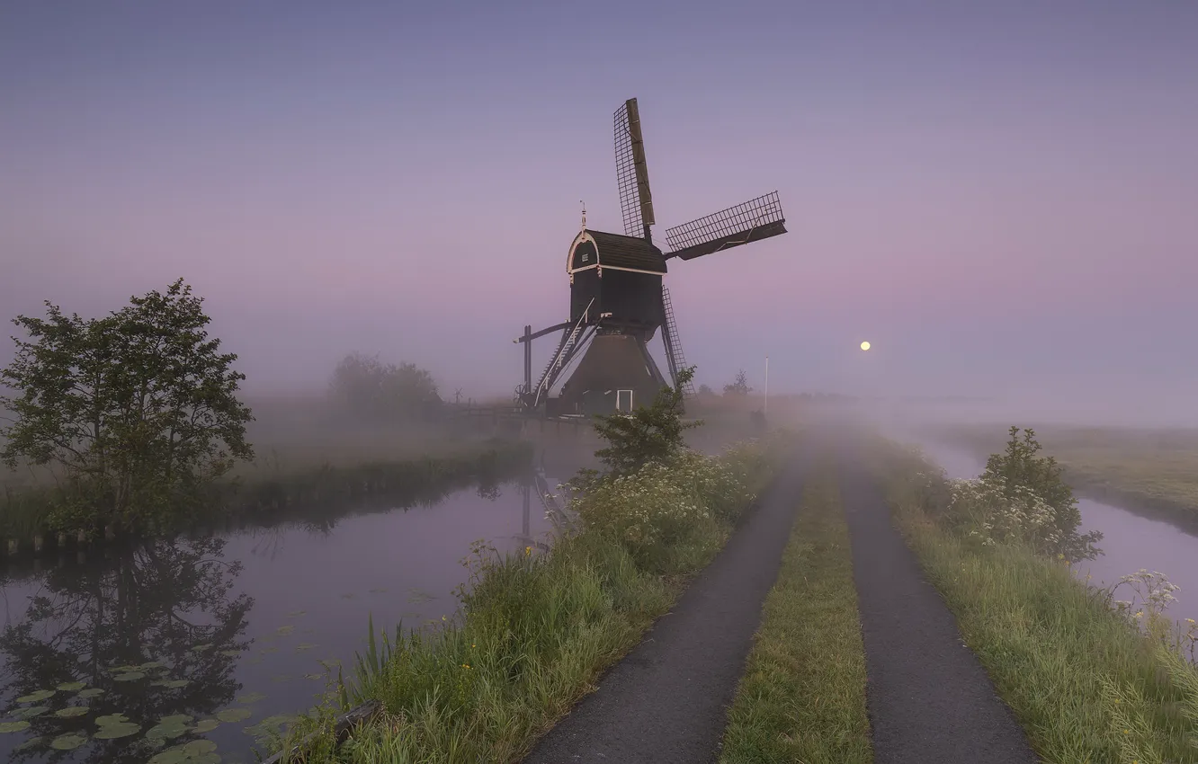 Фото обои Holland, Windmill, Full Moon, Streefkerk, Broekmolen