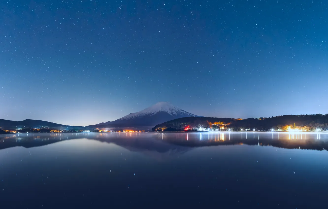 Фото обои небо, огни, озеро, гора, вечер, Japan, Mount Fuji, Lake Kawaguchi