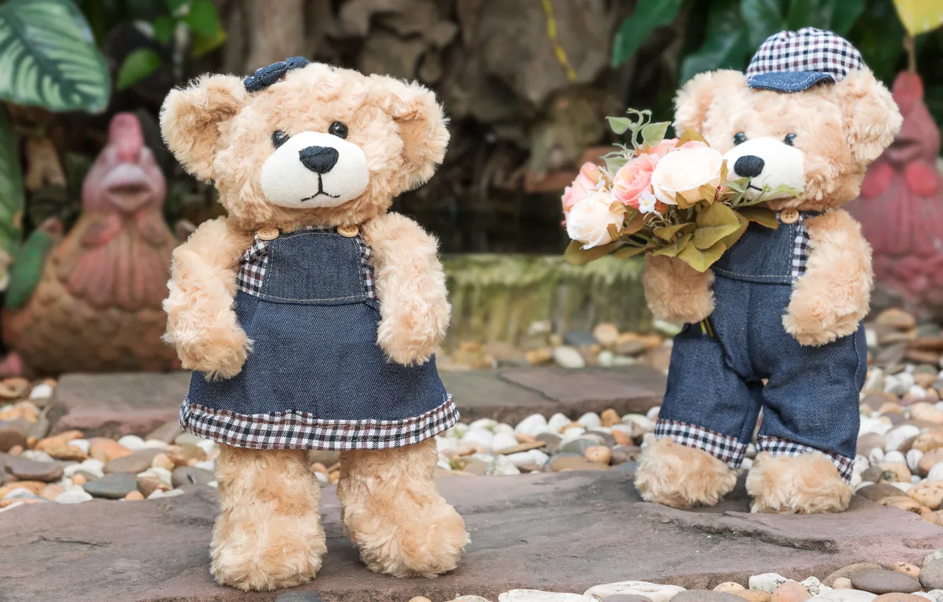 Фото обои любовь, цветы, игрушка, розы, букет, медведь, пара, love