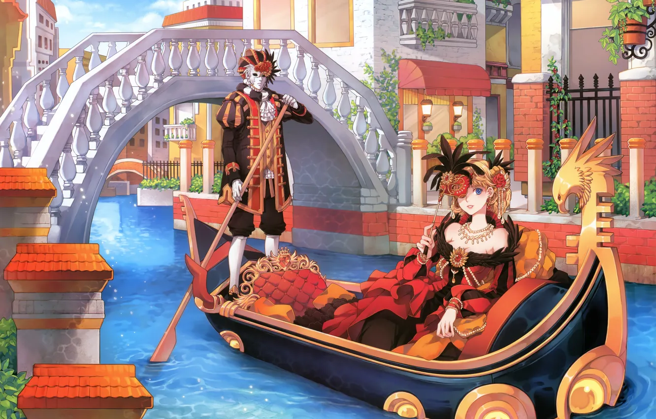Фото обои вода, украшения, мост, лодка, здания, платье, маска, арт