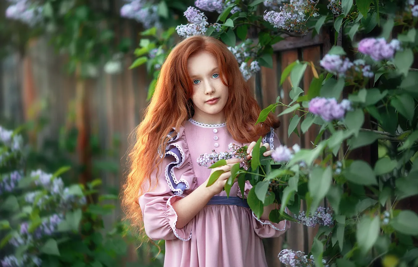Фото обои взгляд, природа, платье, девочка, рыжая, сирень, боке, Бармина Анастасия