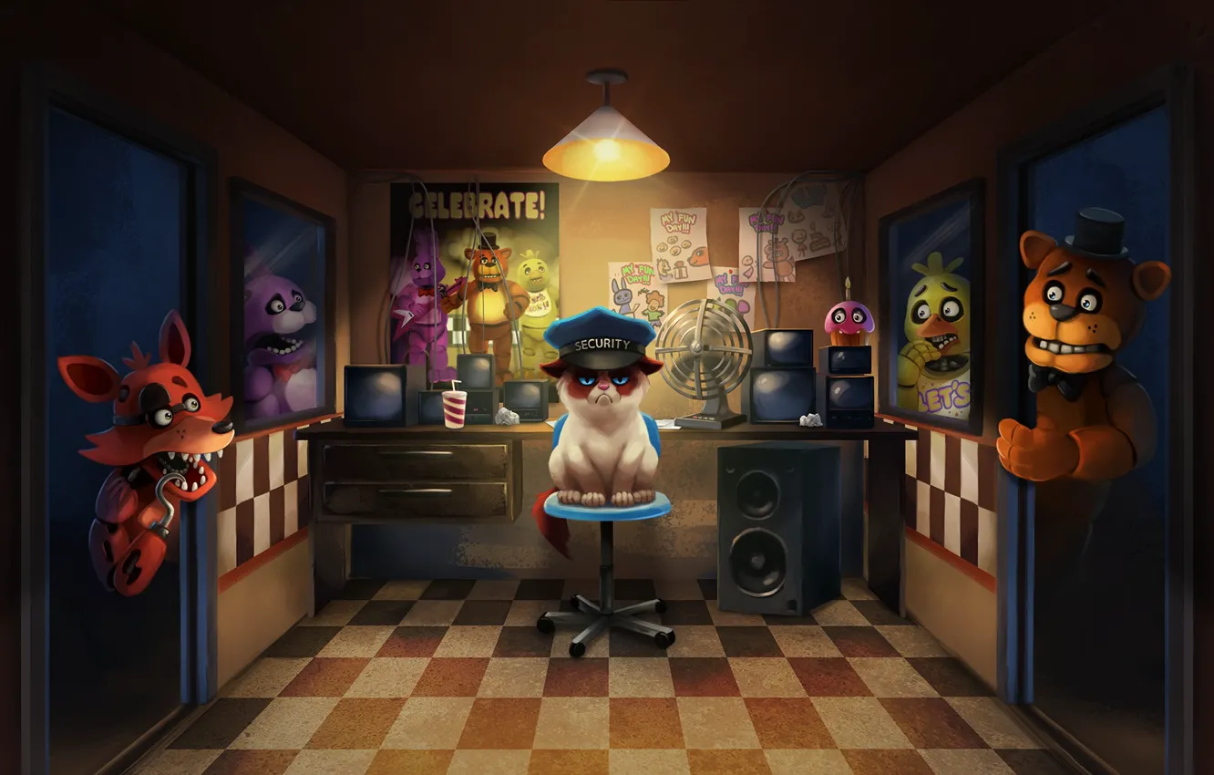 Фото обои кот, арт, Bonnie, Foxy, Chica, Five Nights at Freddy's, Freddy Fazbear