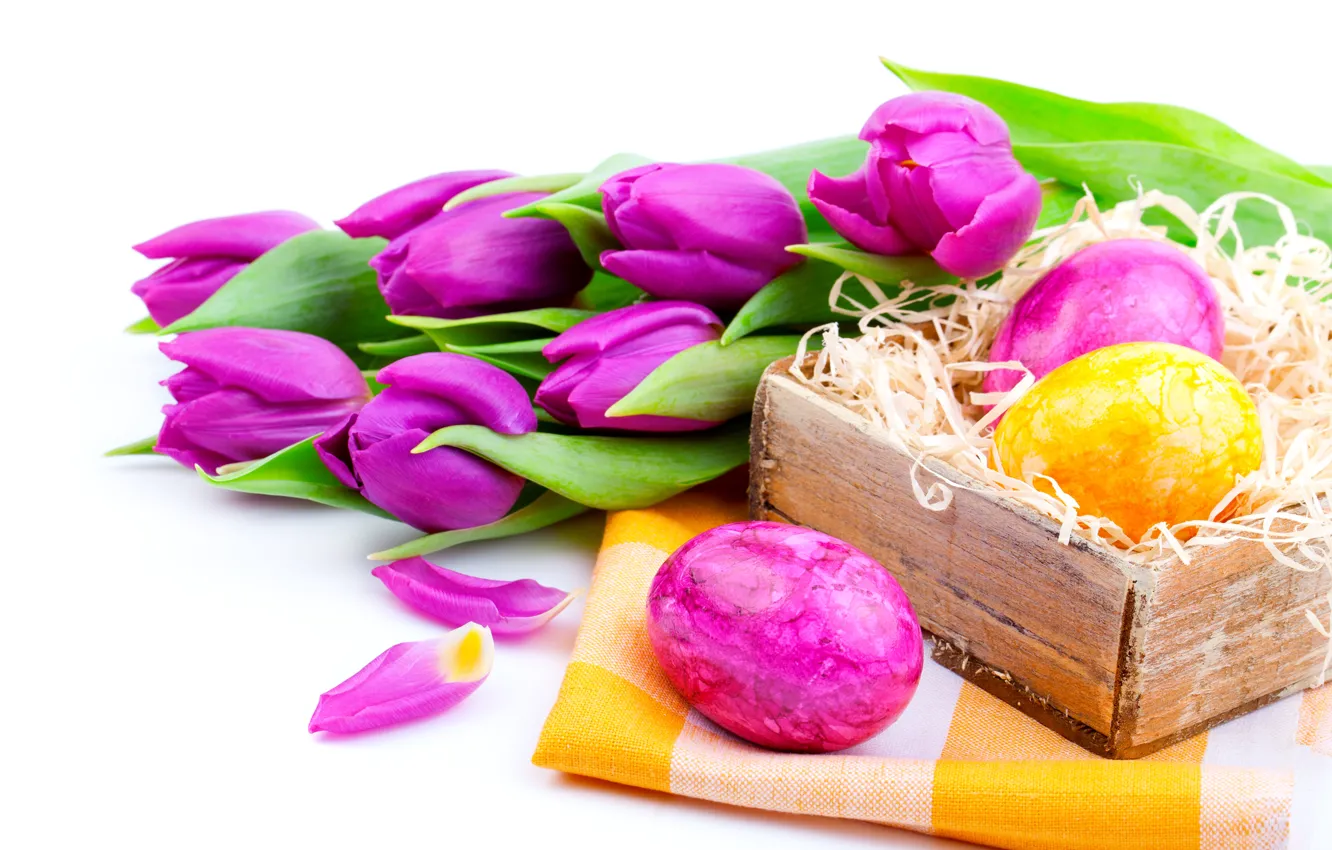 Фото обои цветы, праздник, яйца, весна, Пасха, тюльпаны, сиреневые, пасхальные