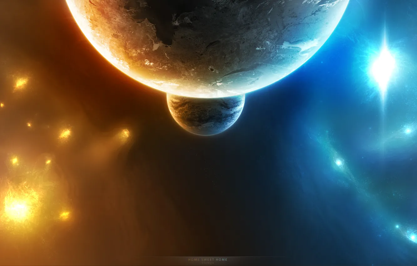 Фото обои звезды, планета, спутник, свечение, universe, бесконечность
