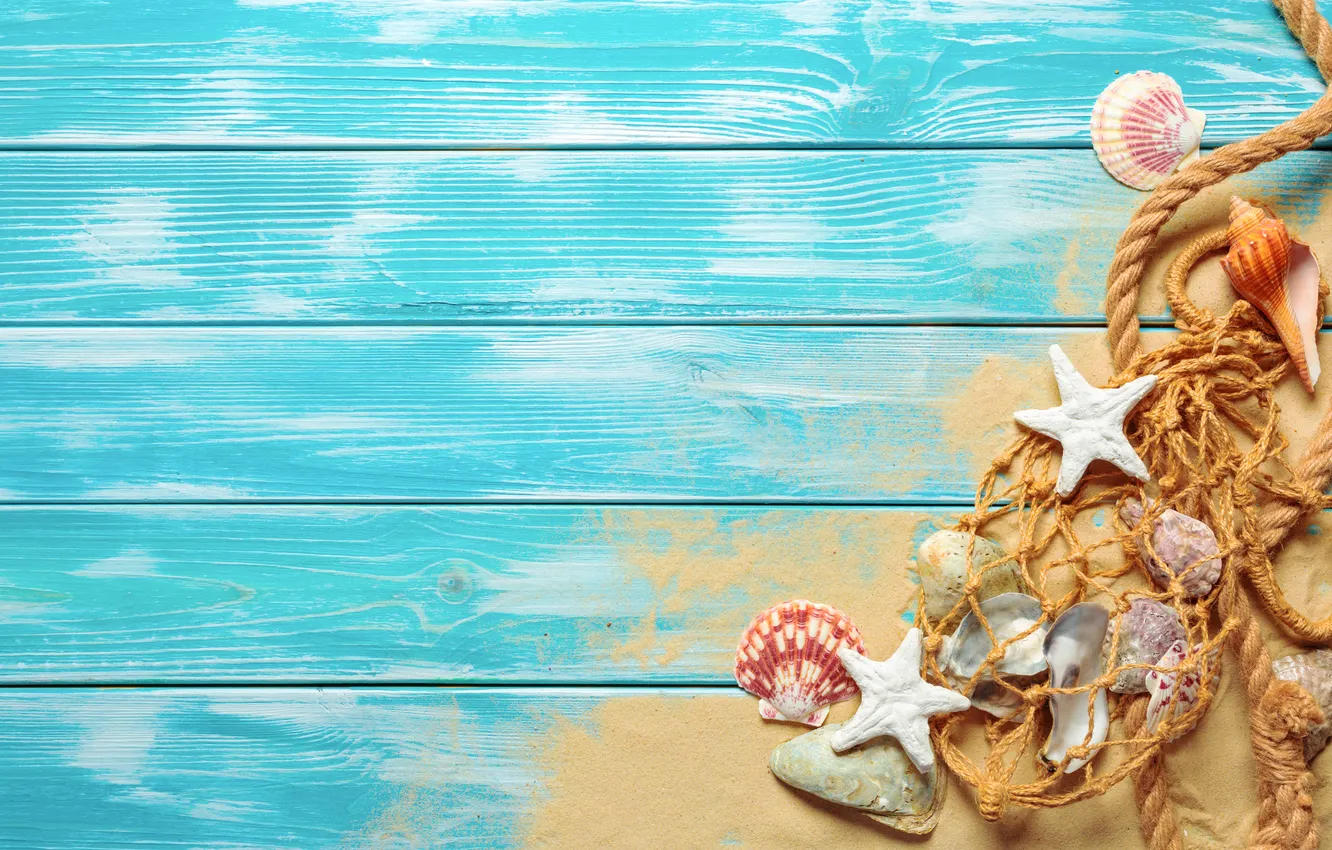 Фото обои песок, пляж, лето, звезды, ракушки, summer, beach, wood