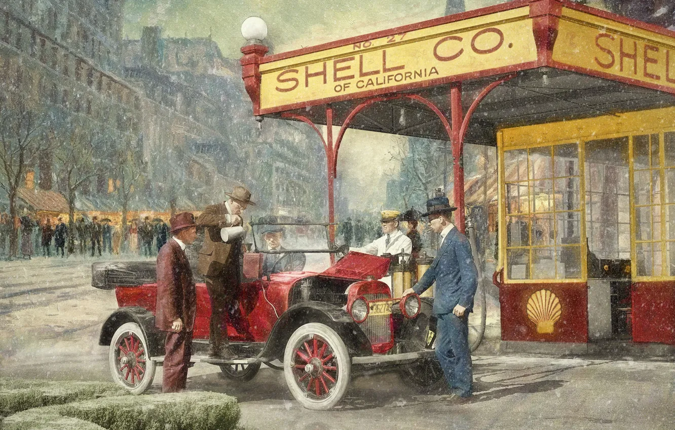 Фото обои город, ретро, люди, автомобиль, бензоколонка, 1920, Shell Station