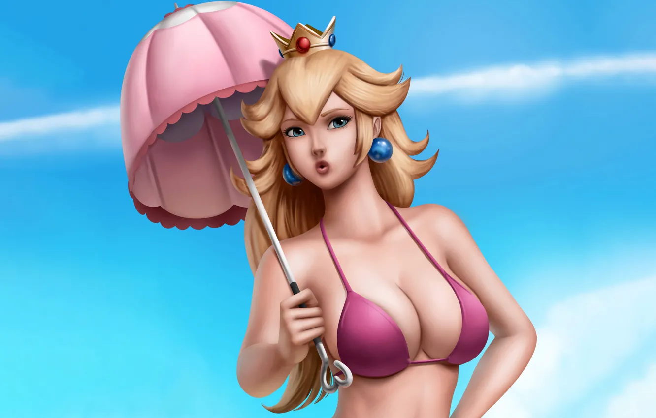 Фото обои girl, sexy, cleavage, long hair, boobs, umbrella, anime, blue eyes