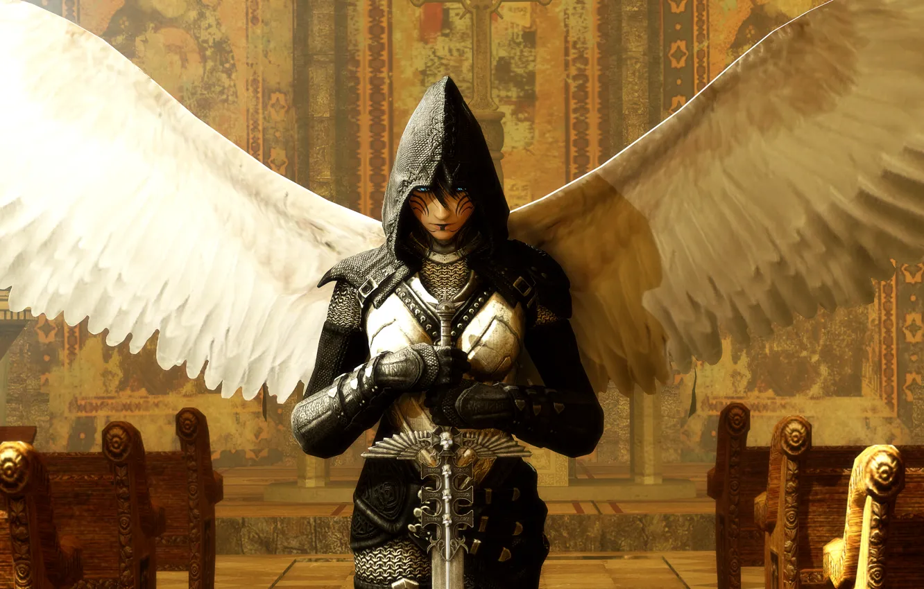 Фото обои оружие, крылья, ангел, меч, доспехи, арт, angel, фанртастика