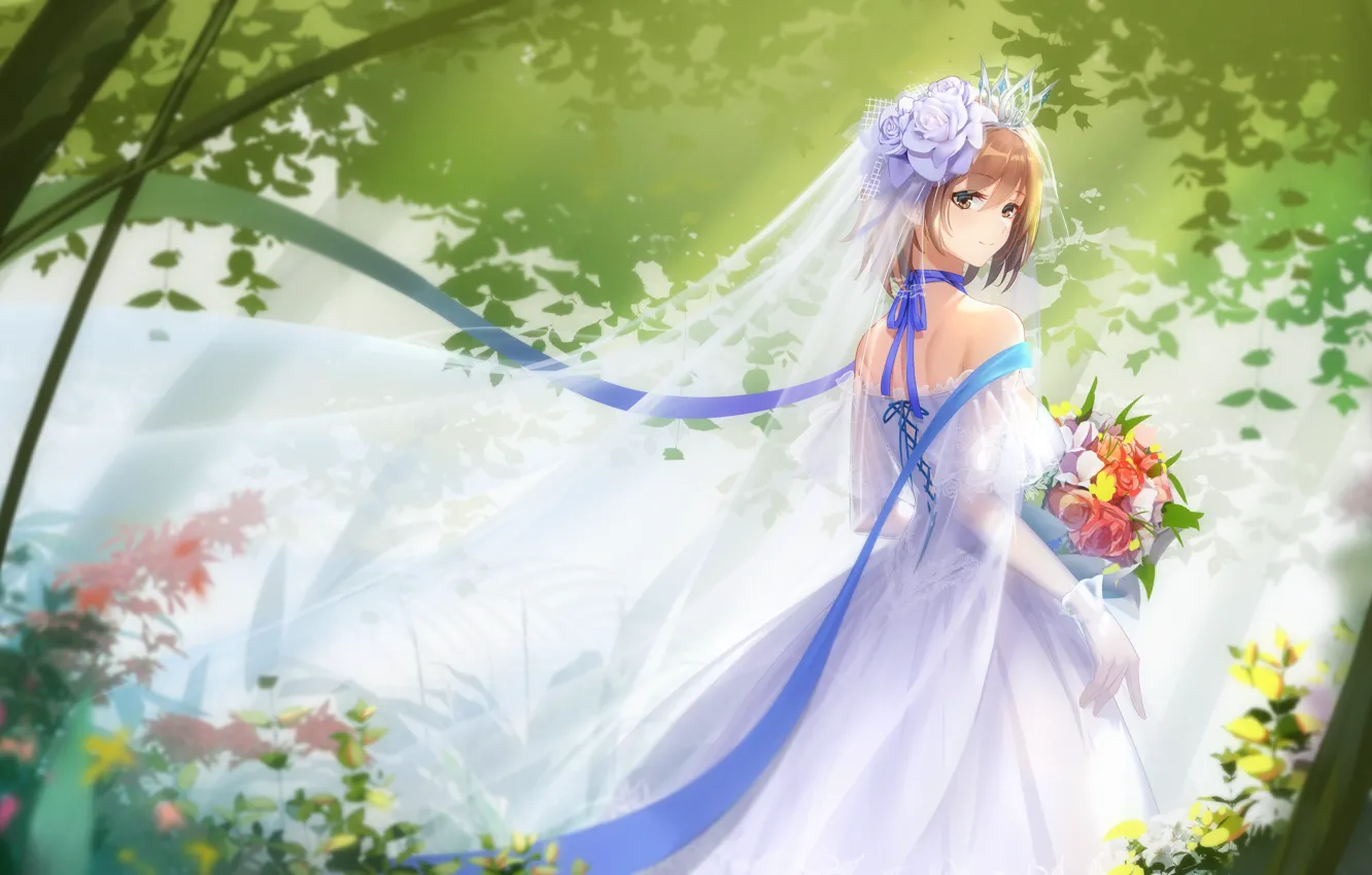Фото обои girl, dress, anime, flowers, beautiful, ribbons, short hair, tree