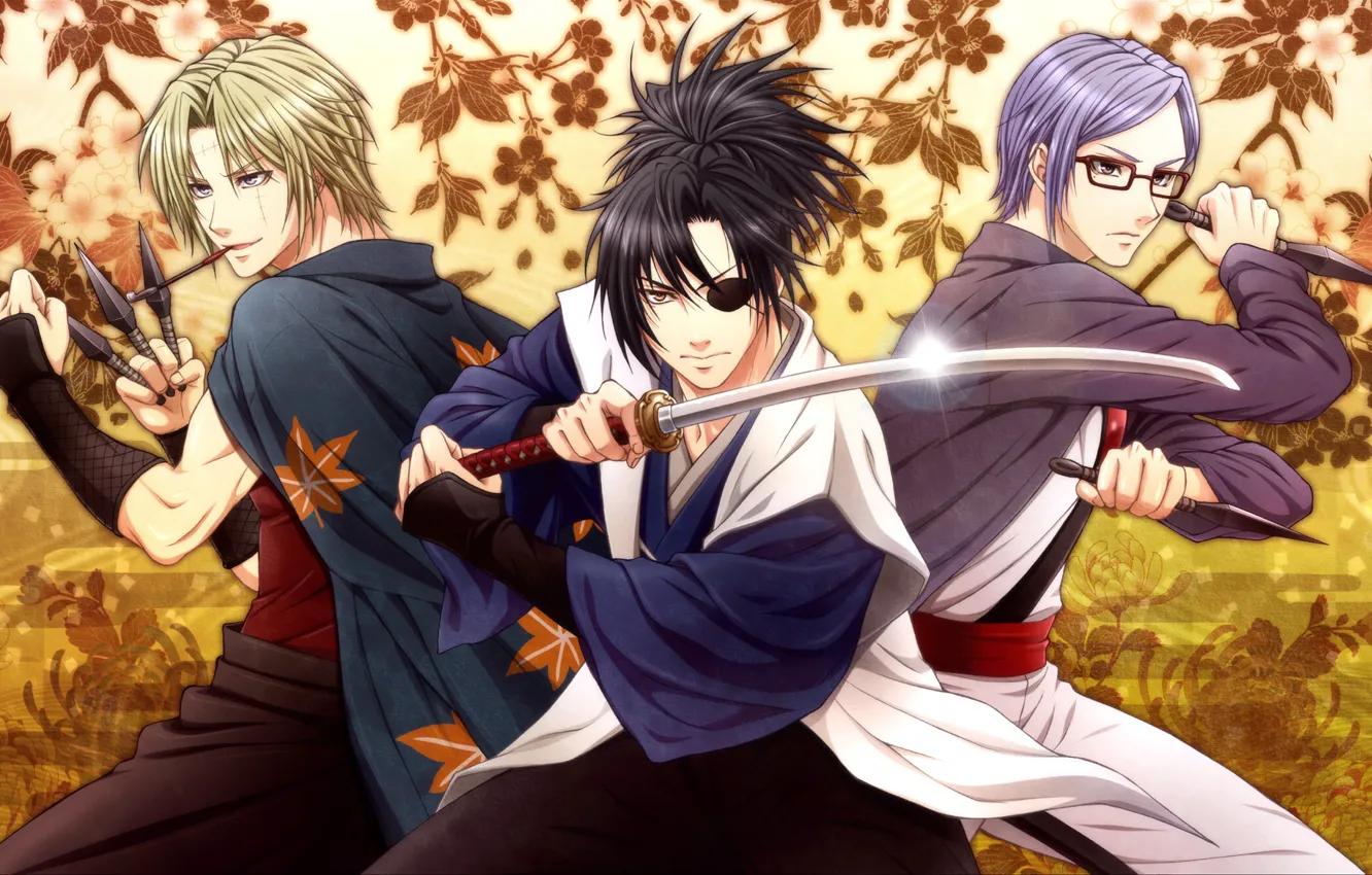 Фото обои листья, оружие, меч, парни, кинжалы, Gintama, Yagyuu Kyuubei, Sarutobi Ayame
