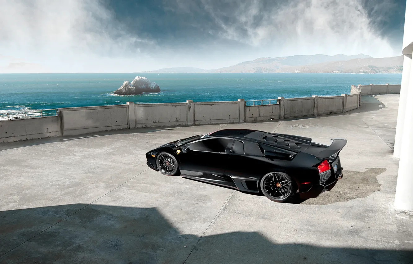 Фото обои Lamborghini, Black, Murcielago, LP670-4, Sea, Supercar, Rear