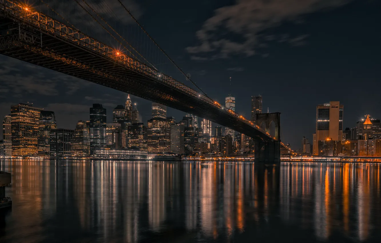 Фото обои ночь, мост, дома, Нью-Йорк, США
