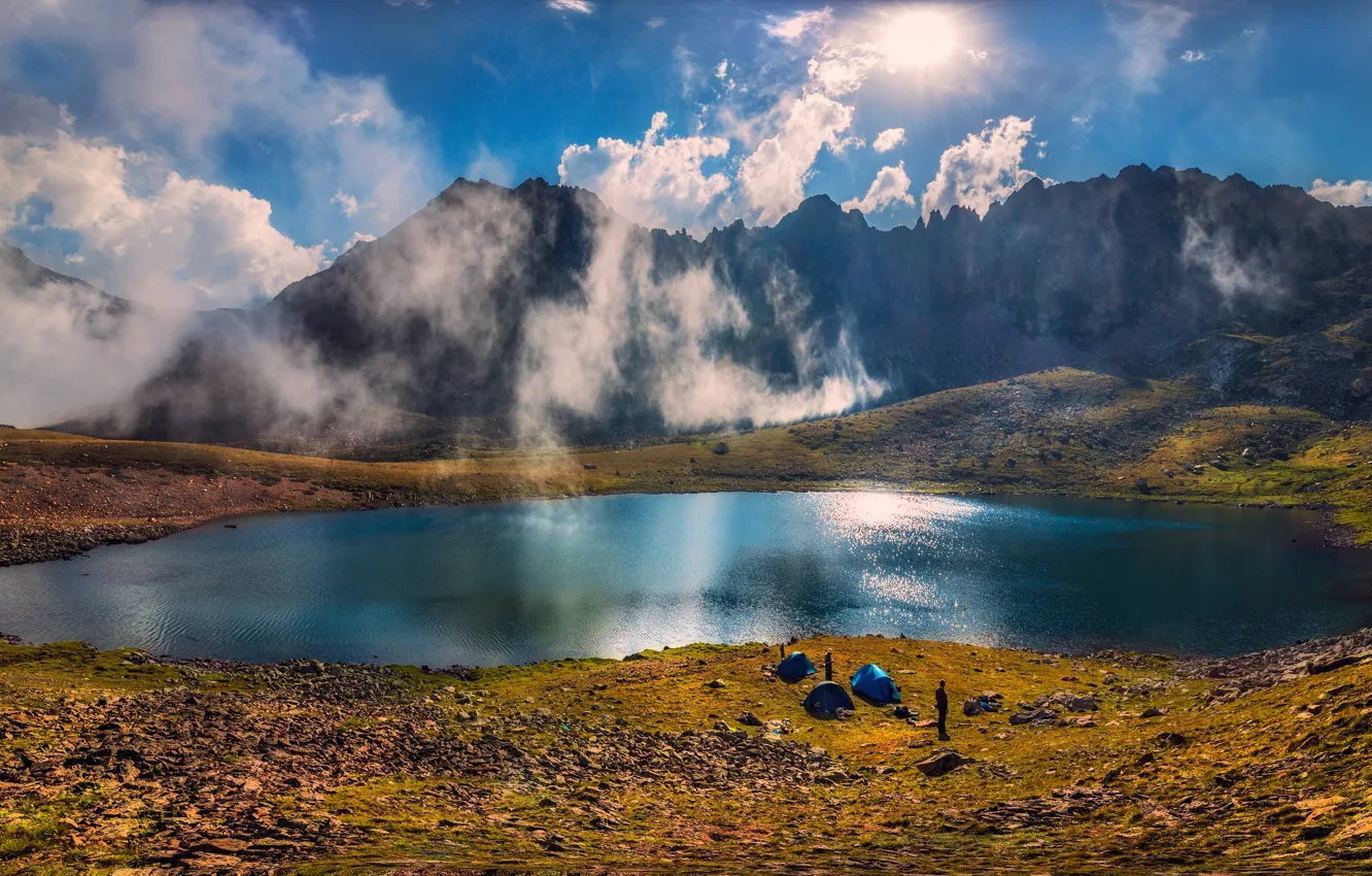 Фото обои облака, пейзаж, горы, природа, озеро, Кавказ, туристы, КЧР