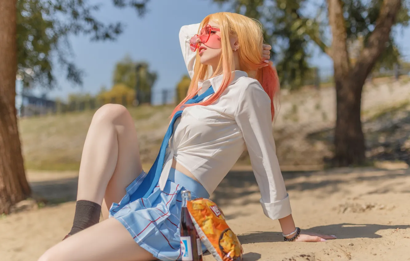 Фото обои school uniform, trees, anime, model, women, cosplay, blonde, anime girls