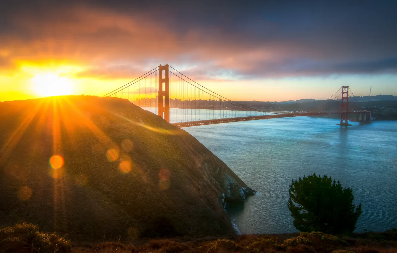 Фото обои солнце, мост, город, утро, золотые ворота, США