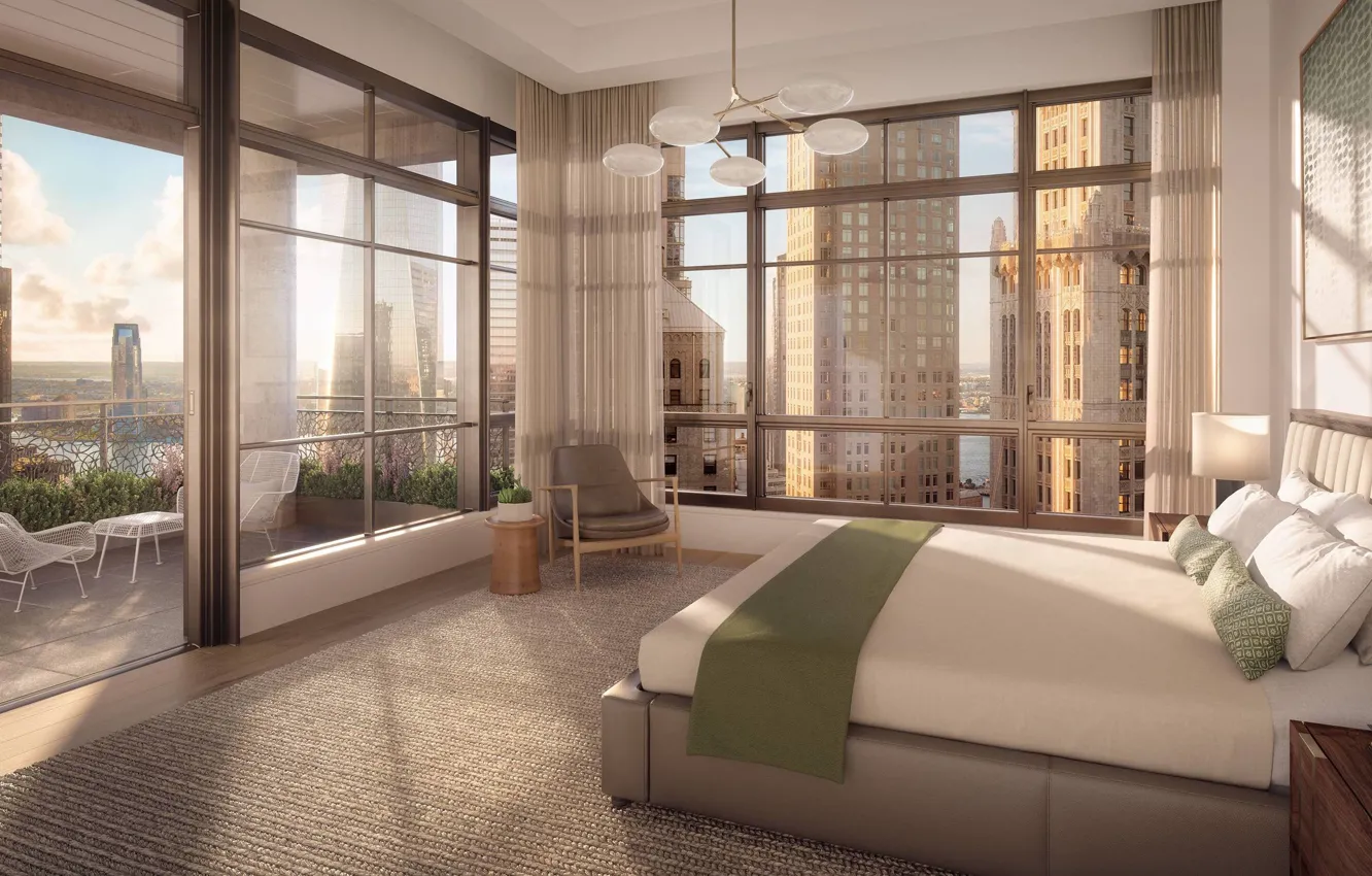 Фото обои комната, интерьер, балкон, мегаполис, спальня, New York, 25 Park Row in Financial District