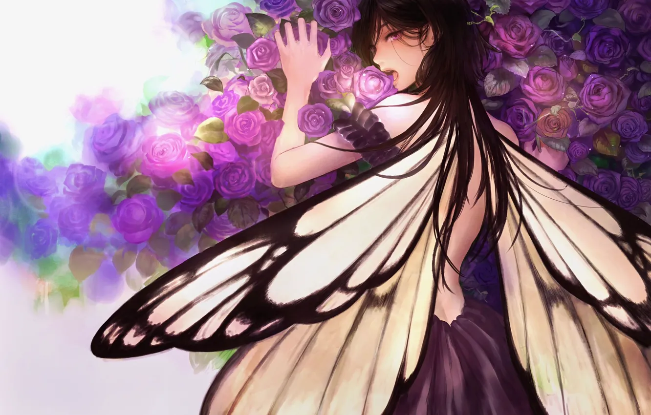 Фото обои цветы, бабочка, аниме, арт