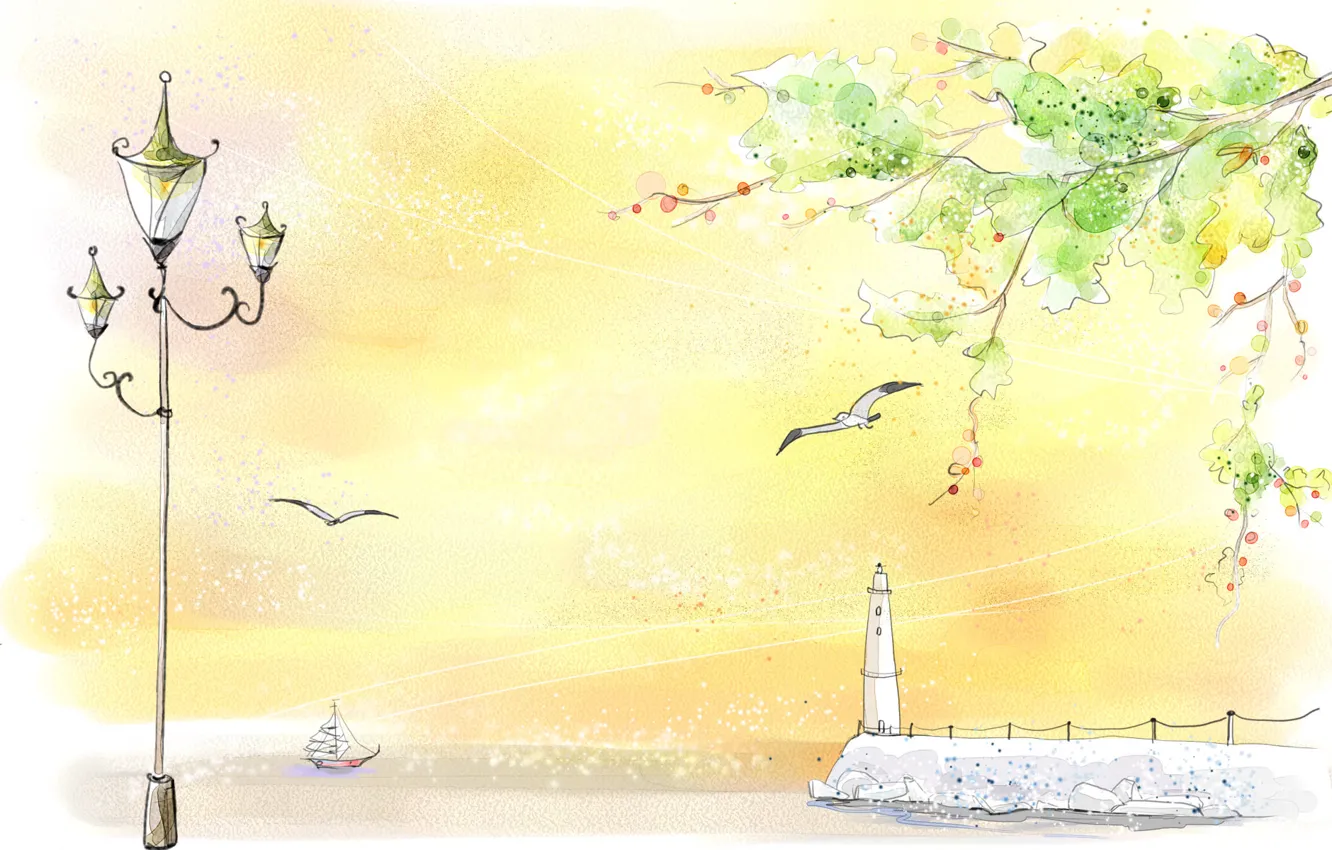 Фото обои рисунок, маяк, чайка, фонарь