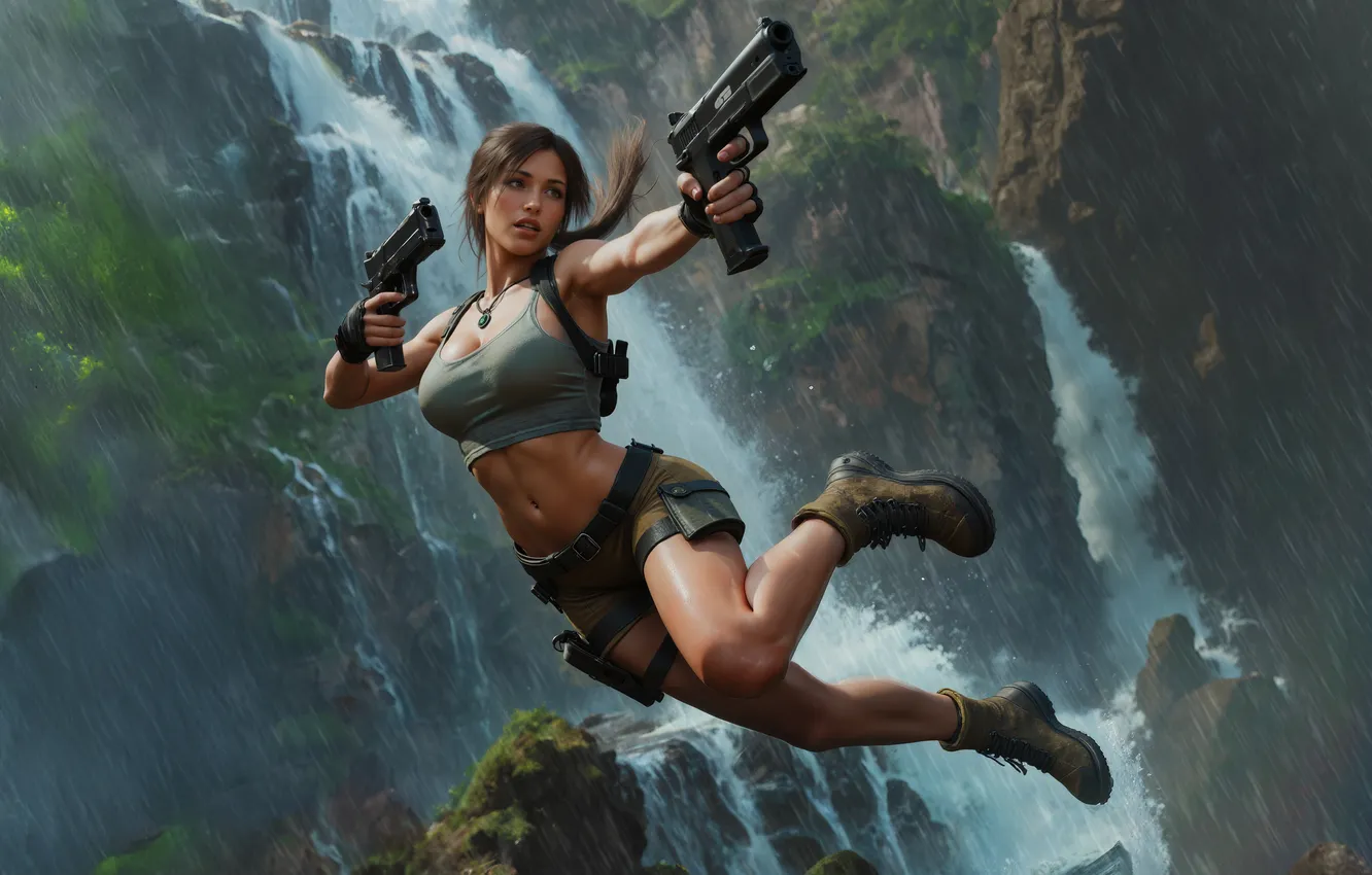 Фото обои waterfall, lara, croft