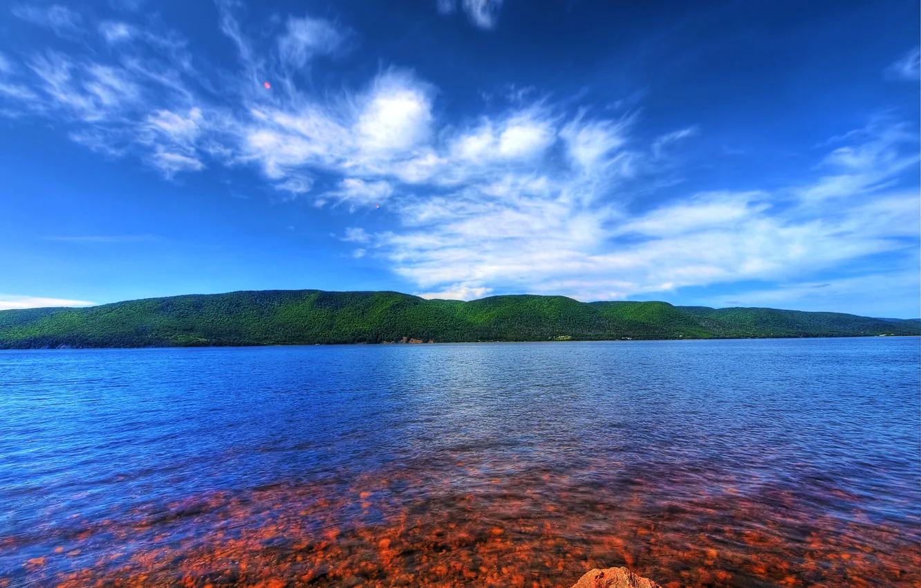 Фото обои море, лес, небо, облака, горы, камни, цвет