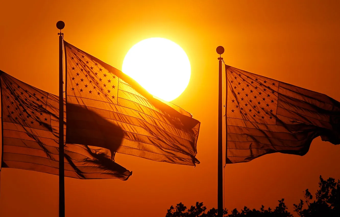 Фото обои закат, США, флаги, Нью-Джерси, Джерси-Сити, Парк Либерти Стэйт