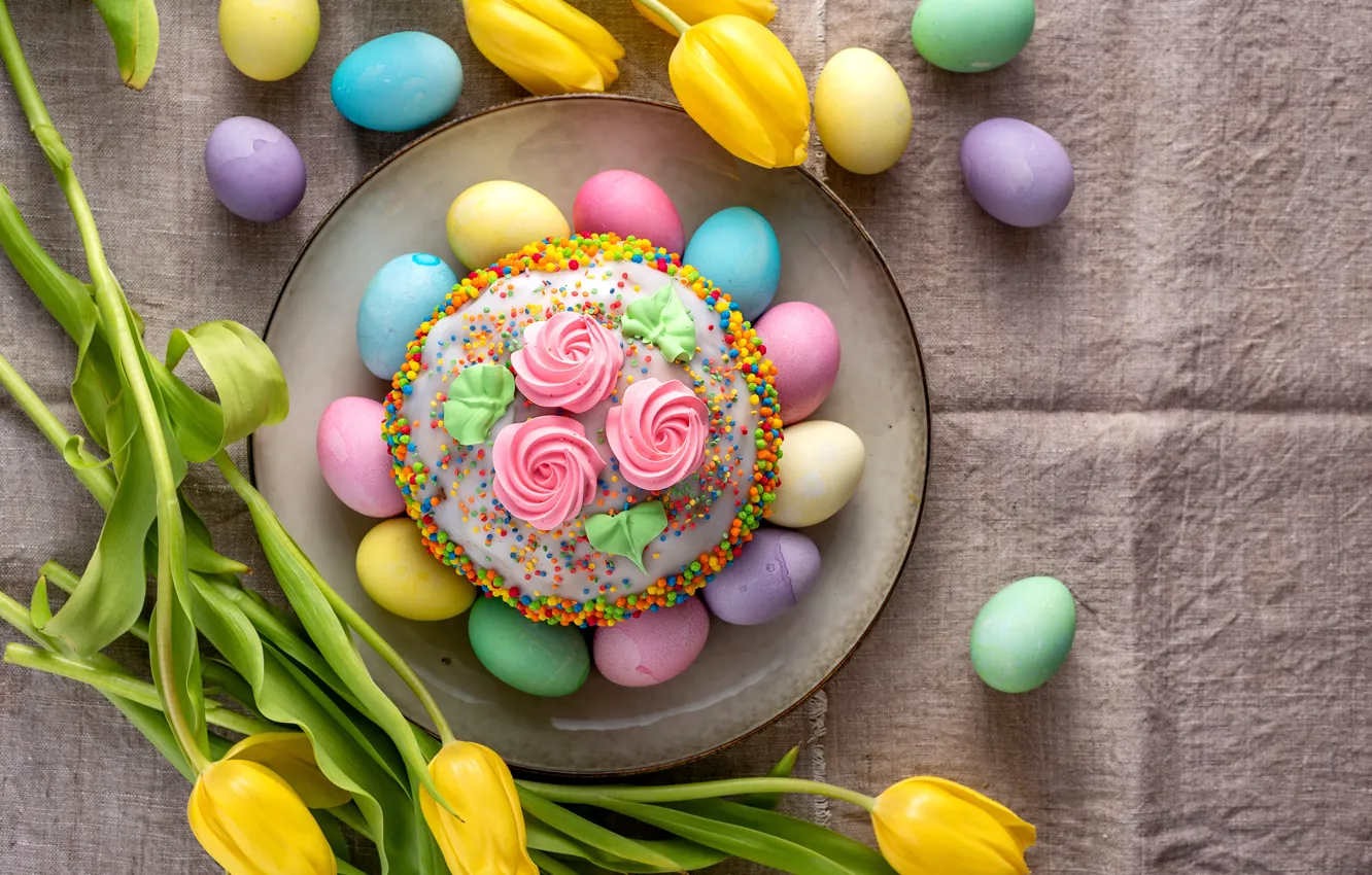 Фото обои цветы, яйца, весна, colorful, Пасха, тюльпаны, happy, cake