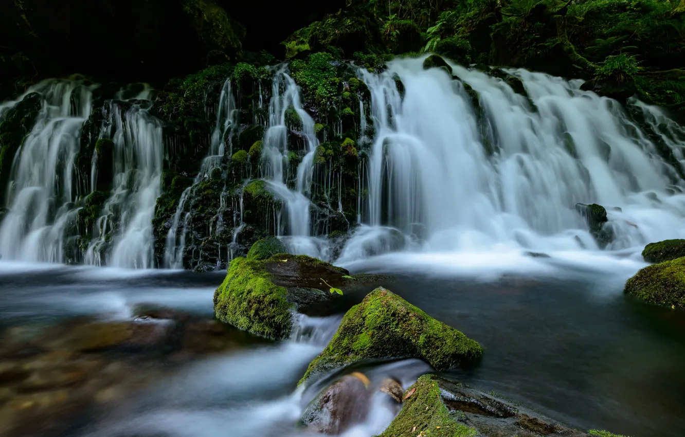 Фото обои вода, камни, водопад, мох, поток, каскад, водоем, валуны