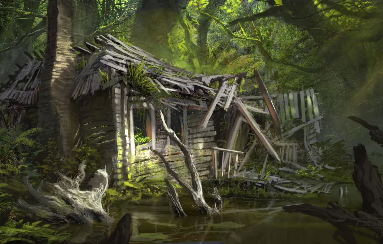 Фото обои деревья, дом, болото, арт, заброшенный, руины