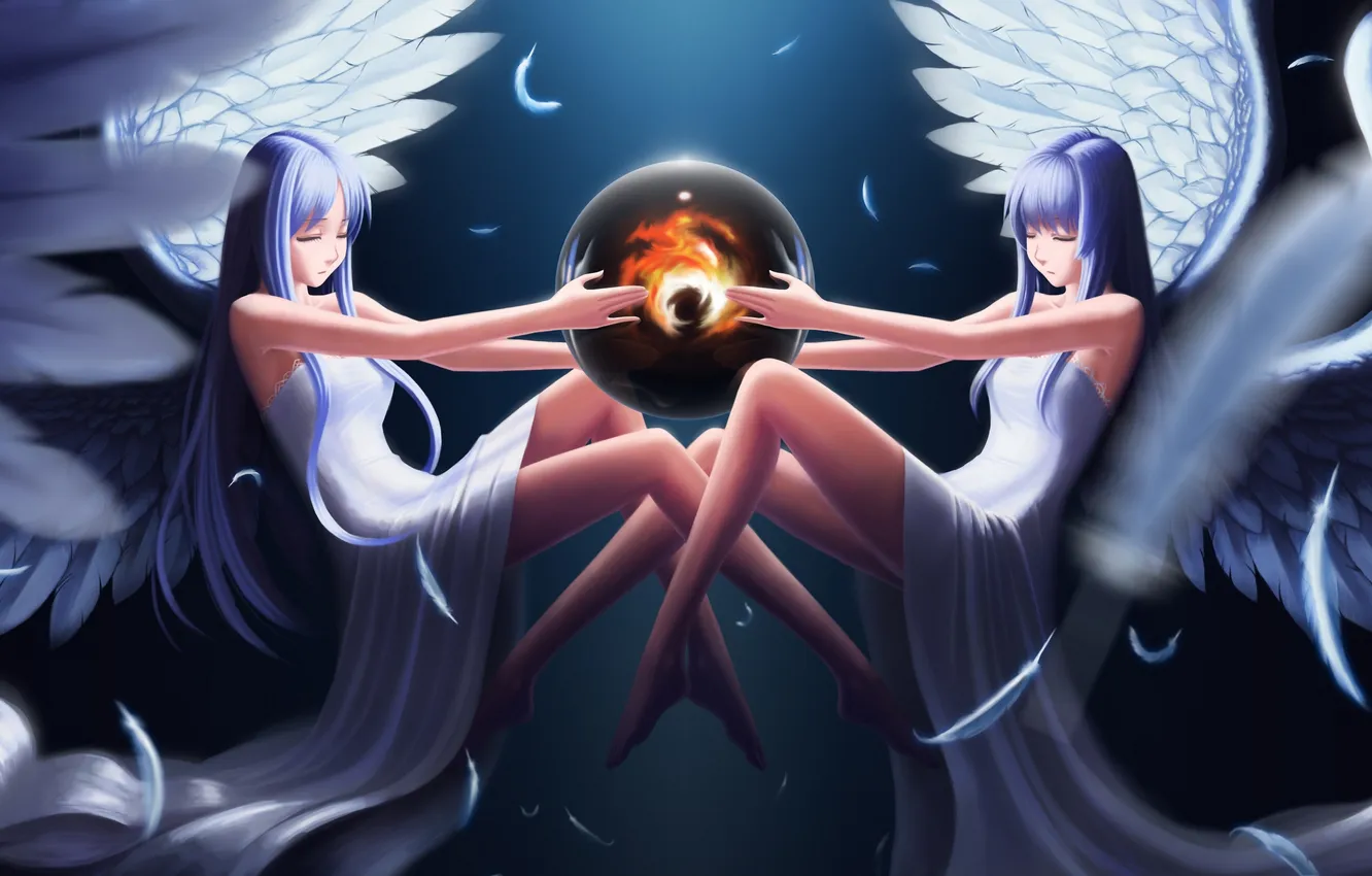 Фото обои пламя, крылья, Девушки, перья, ангелы, сфера, симметрия