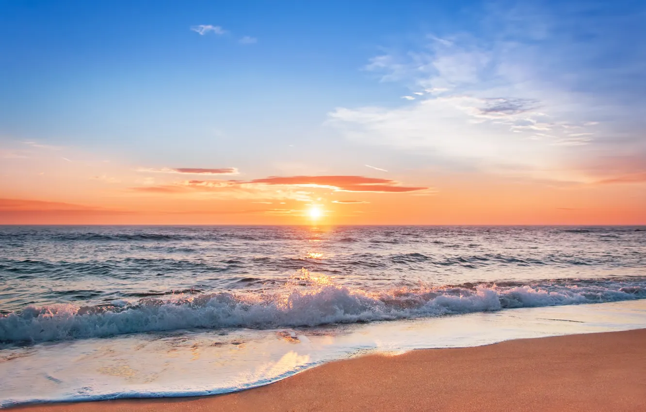 Фото обои море, закат, beach, sea, sunset, sand, wave