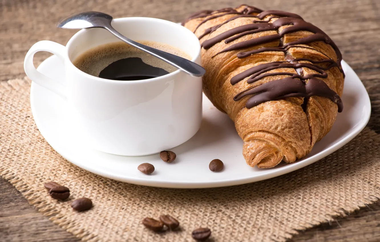 Фото обои кофе, завтрак, выпечка, croissant, breakfast, круассан